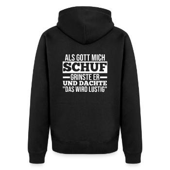 Als Gott Mich Schuf Grinste Er - Unisex Premium Bio Zip Hoodie - Schwarz - Hinten - Nico (187cm)