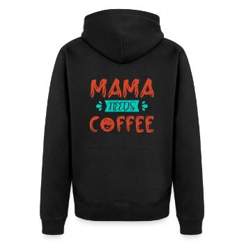 MAMA BRAUCHT KAFFEE - Unisex Premium Bio Zip Hoodie - Schwarz - Hinten - Nico (187cm)