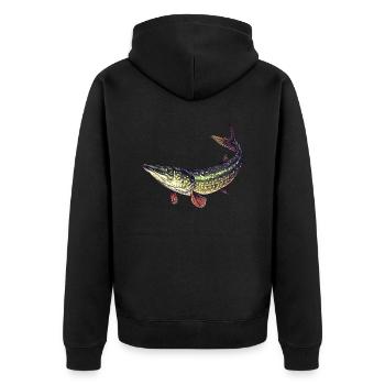 Zielfisch Hecht Angelsport - Unisex Premium Bio Zip Hoodie - Schwarz - Hinten - Nico (187cm)