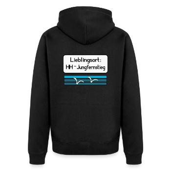 Lieblingsort HH Jungfernstieg - Unisex Premium Bio Zip Hoodie - Schwarz - Hinten - Nico (187cm)