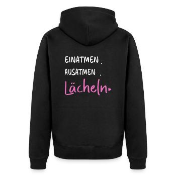 Einatmen. Ausatmen. Lächeln - Sprüche Statement - Unisex Premium Bio Zip Hoodie - Schwarz - Hinten - Nico (187cm)