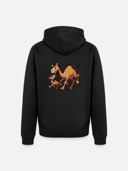 Kamelmutter mit herumtollendem Kind - Unisex Premium Bio Zip Hoodie - Schwarz
