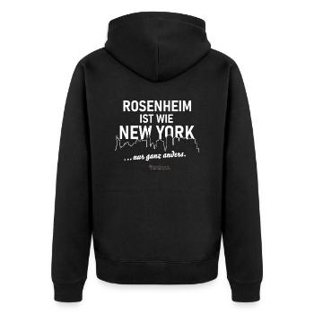 Rosenheim ist wie New York - Unisex Premium Bio Zip Hoodie - Schwarz - Hinten - Nico (187cm)