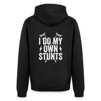 I Do My Own Stunts - Knochenbruch Fraktur - Unisex Premium Bio Zip Hoodie - Schwarz - Hinten - Nico (187cm)