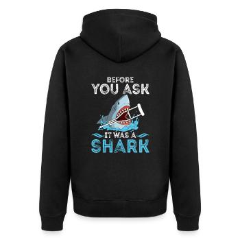 Before You Ask It Was A Shark - Knochenbruch - Unisex Premium Bio Zip Hoodie - Schwarz - Hinten - Nico (187cm)