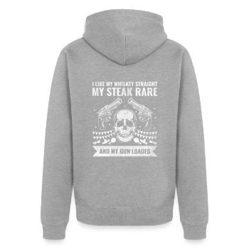 Whiskey Steak Pistolen - US Konservativ Cowboy - Unisex Premium Bio Zip Hoodie - Grau meliert - Hinten - Nico (187cm)