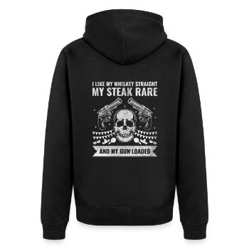 Whiskey Steak Pistolen - US Konservativ Cowboy - Unisex Premium Bio Zip Hoodie - Schwarz - Hinten - Nico (187cm)