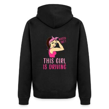 Pass auf Dieses Mädchen fährt - Fahrschule - Unisex Premium Bio Zip Hoodie - Schwarz - Hinten - Nico (187cm)