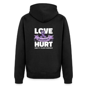 Anti Häusliche Gewalt Love Shouldn't Hurt - Unisex Premium Bio Zip Hoodie - Schwarz - Hinten - Nico (187cm)