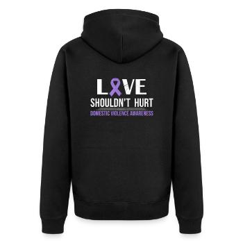 Anti Häusliche Gewalt Love Shouldn't Hurt - Unisex Premium Bio Zip Hoodie - Schwarz - Hinten - Nico (187cm)
