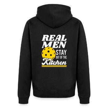 Echte Männer bleiben aus der Küche Pickleball - Unisex Premium Bio Zip Hoodie - Schwarz - Hinten - Nico (187cm)