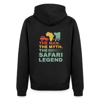 African Safari Mann Mythos Safari-Legende - Unisex Premium Bio Zip Hoodie - Schwarz - Hinten - Nico (187cm)