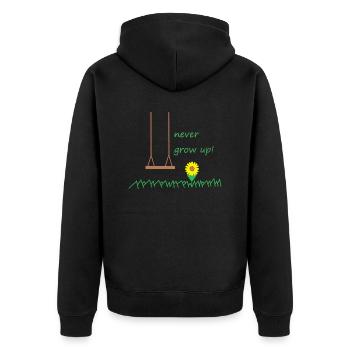 never grow up! - Unisex Premium Bio Zip Hoodie - Schwarz - Hinten - Nico (187cm)
