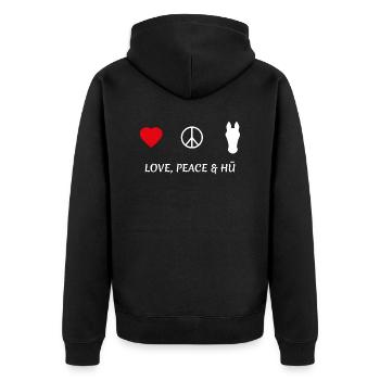 LOVE PEACE & HÜ - Unisex Premium Bio Zip Hoodie - Schwarz - Hinten - Nico (187cm)