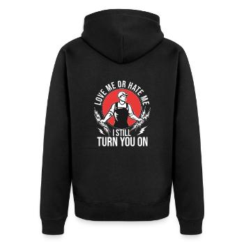 Funny High Voltage Electrician Saying Electrics - Unisex Premium Organic Zip Hoodie - black - Back - Nico (187cm)