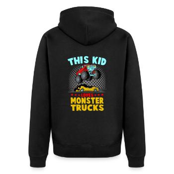 Ce gamin adore les camions monstres - Veste à capuche bio Premium Unisexe - noir - Dos - Nico (187cm)