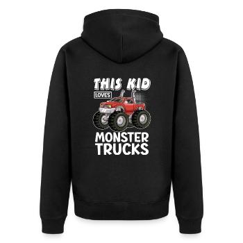 Ce gamin adore les camions monstres - Veste à capuche bio Premium Unisexe - noir - Dos - Nico (187cm)