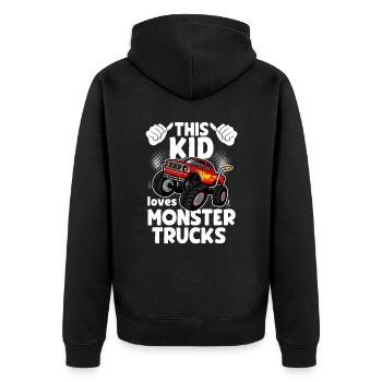 Ce gamin adore les camions monstres - Veste à capuche bio Premium Unisexe - noir - Dos - Nico (187cm)
