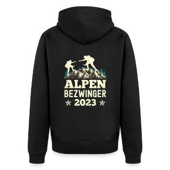 Alpenbezwinger 2023 Alpenüberquerung Finisher - Unisex Premium Bio Zip Hoodie - Schwarz - Hinten - Nico (187cm)