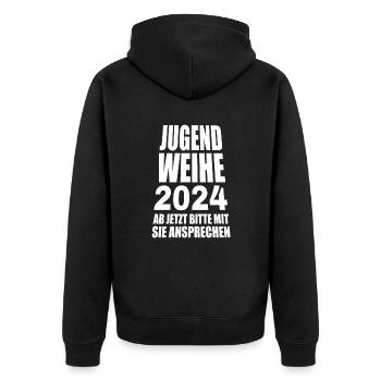 Jugendweihe 2024 Ab Jetzt Bitte Mit Sie Ansprechen - Unisex Premium Bio Zip Hoodie - Schwarz - Hinten - Nico (187cm)