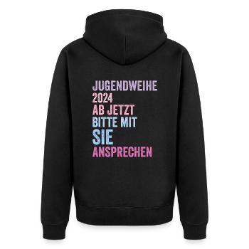 Jugendweihe 2024 Ab Jetzt Bitte Mit Sie Ansprechen - Unisex Premium Bio Zip Hoodie - Schwarz - Hinten - Nico (187cm)