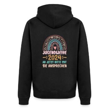 Jugendweihe 2024 Ab Jetzt Bitte Mit Sie Ansprechen - Unisex Premium Bio Zip Hoodie - Schwarz - Hinten - Nico (187cm)