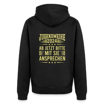 Jugendweihe 2024 Ab Jetzt Bitte Mit Sie Ansprechen - Unisex Premium Bio Zip Hoodie - Schwarz - Hinten - Nico (187cm)
