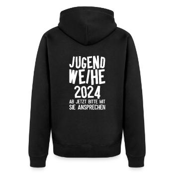 Jugendweihe 2024 Ab Jetzt Bitte Mit Sie Ansprechen - Unisex Premium Bio Zip Hoodie - Schwarz - Hinten - Nico (187cm)