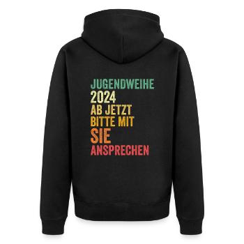 Jugendweihe 2024 Ab Jetzt Bitte Mit Sie Ansprechen - Unisex Premium Bio Zip Hoodie - Schwarz - Hinten - Nico (187cm)
