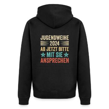 Jugendweihe 2024 Ab Jetzt Bitte Mit Sie Ansprechen - Unisex Premium Bio Zip Hoodie - Schwarz - Hinten - Nico (187cm)