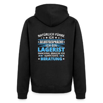Ich führe Selbstgespräche - Lagerist Edition blau - Unisex Premium Bio Zip Hoodie - Schwarz - Hinten - Nico (187cm)