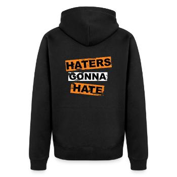 Hater werden es hassen, Schriftzüge zu sagen - Unisex Premium Bio Zip Hoodie - Schwarz - Hinten - Nico (187cm)