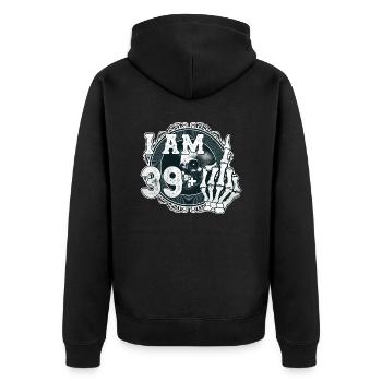 Ich bin 39 plus 1 Mittelfinger Totenkopf lustig 40. - Unisex Premium Bio Zip Hoodie - Schwarz - Hinten - Nico (187cm)