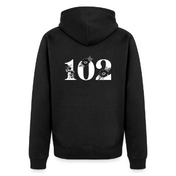 Numéro 102 floral noir - 102e anniversaire floral - Veste à capuche bio Premium Unisexe - noir - Dos - Nico (187cm)