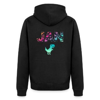 JAN - Schöner Jungen Name mit Dinosaurier - Unisex Premium Bio Zip Hoodie - Schwarz - Hinten - Nico (187cm)
