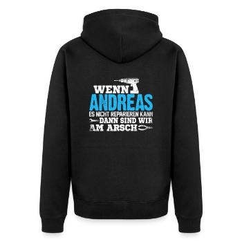 ANDREAS - kann es reparieren - Unisex Premium Bio Zip Hoodie - Schwarz - Hinten - Nico (187cm)