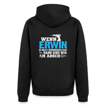 ERWIN - kann es reparieren - Unisex Premium Bio Zip Hoodie - Schwarz - Hinten - Nico (187cm)
