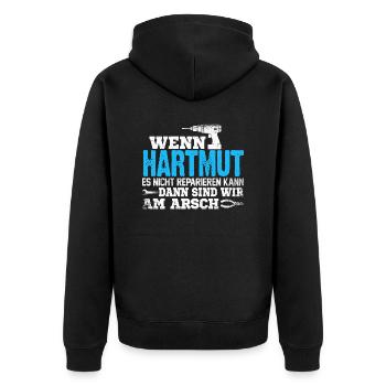 HARTMUT - kann es reparieren - Unisex Premium Bio Zip Hoodie - Schwarz - Hinten - Nico (187cm)