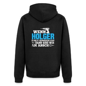 HOLGER - kann es reparieren - Unisex Premium Bio Zip Hoodie - Schwarz - Hinten - Nico (187cm)