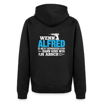 ALFRED - kann es reparieren - Unisex Premium Bio Zip Hoodie - Schwarz - Hinten - Nico (187cm)