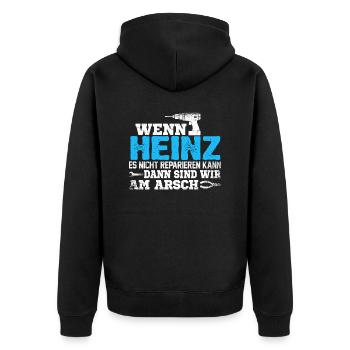 HEINZ - kann es reparieren - Unisex Premium Bio Zip Hoodie - Schwarz - Hinten - Nico (187cm)
