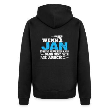 JAN - kann es reparieren - Unisex Premium Bio Zip Hoodie - Schwarz - Hinten - Nico (187cm)