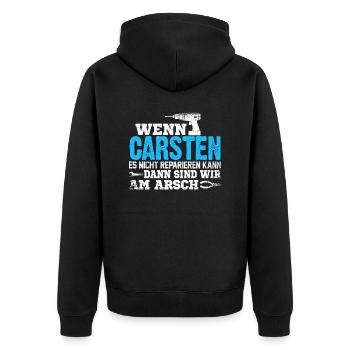CARSTEN - kann es reparieren - Unisex Premium Bio Zip Hoodie - Schwarz - Hinten - Nico (187cm)