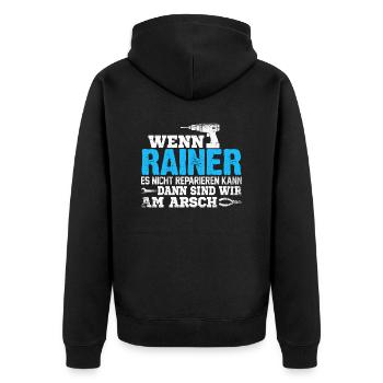 RAINER - kann es reparieren - Unisex Premium Bio Zip Hoodie - Schwarz - Hinten - Nico (187cm)