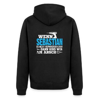 SEBASTIAN - kann es reparieren - Unisex Premium Bio Zip Hoodie - Schwarz - Hinten - Nico (187cm)