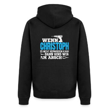 CHRISTOPH - kann es reparieren - Unisex Premium Bio Zip Hoodie - Schwarz - Hinten - Nico (187cm)