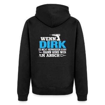 DIRK - kann es reparieren - Unisex Premium Bio Zip Hoodie - Schwarz - Hinten - Nico (187cm)