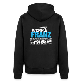 FRANZ - kann es reparieren - Unisex Premium Bio Zip Hoodie - Schwarz - Hinten - Nico (187cm)
