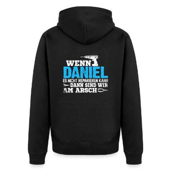 DANIEL - kann es reparieren - Unisex Premium Bio Zip Hoodie - Schwarz - Hinten - Nico (187cm)