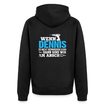 DENNIS - kann es reparieren - Unisex Premium Bio Zip Hoodie - Schwarz - Hinten - Nico (187cm)